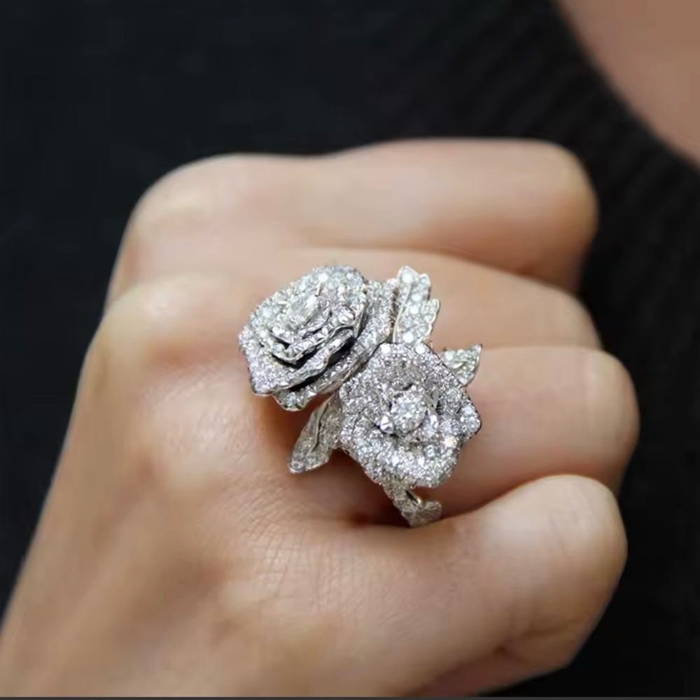 Silver Floral Double-Rose Statement Ring - Sparkling Crystal Design 8